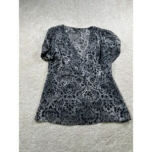 Daisy Fuentes Blouse‎ Womens M Flocked Sheer Short Sleeve Chic Elegant Grunge